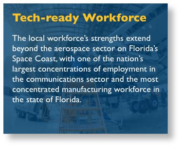 Tech-ready Workforce - Florida’s Space Coast is home to more engineers per 1,000 workers than any Florida metropolitan area and any of the top 25 metros in the country. We boast the largest share of STEM-related jobs in the state. Our high-tech workforce fuels innovation, attracting 13 patents for every 10,000 workers – more than double the national average. 